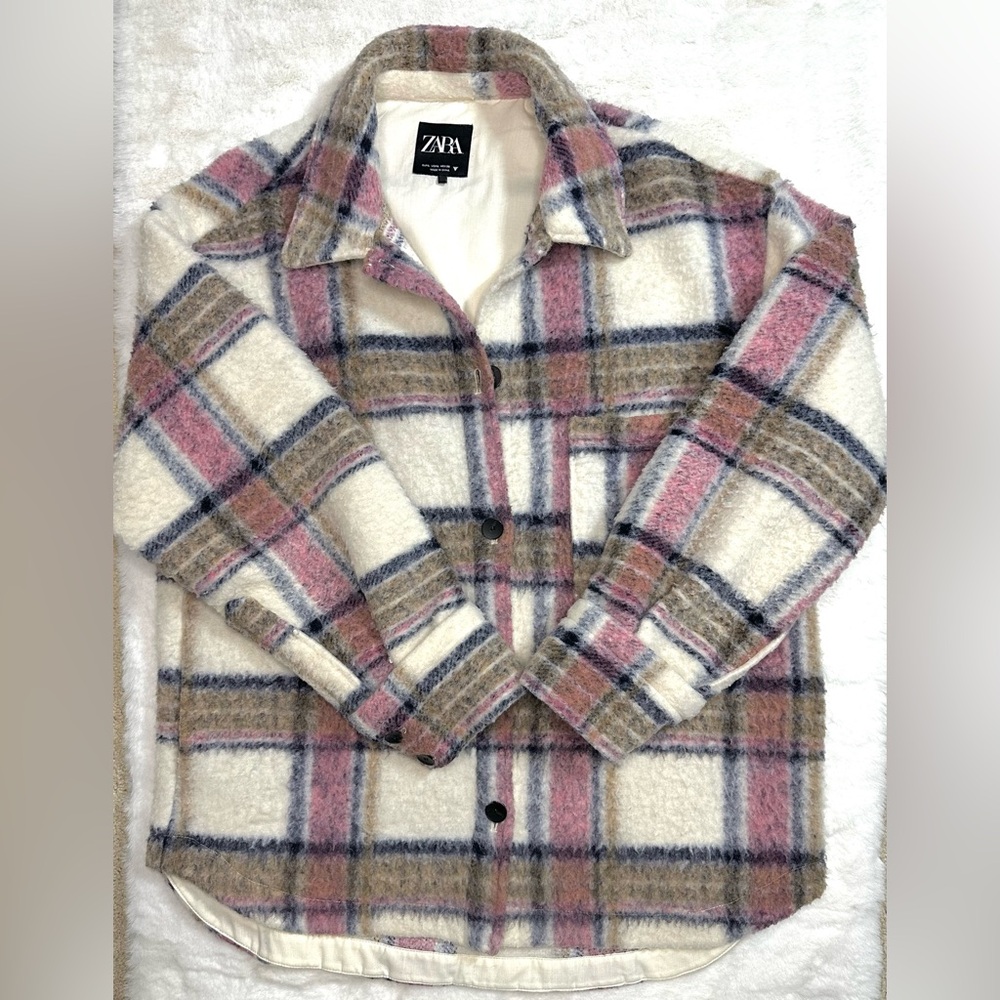 ZARA Plaid Oversized Pink Tan and Blue Shacket Size Large - Picture 7 of 10